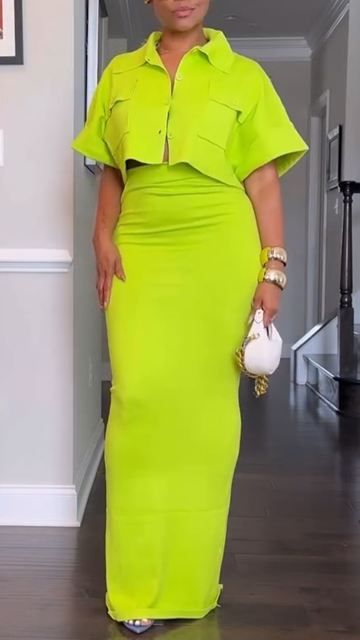 Ladies' Lapel Short Top+skirt Commuting Style Set