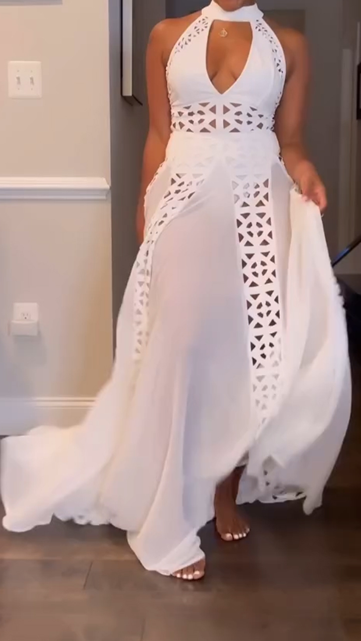 Ladies' Neck Hanging Printed Hollow Splicing Elegant Evening Dress