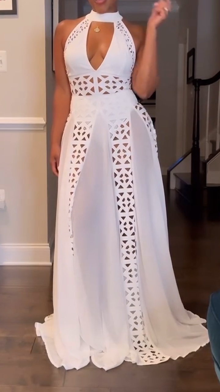 Ladies' Neck Hanging Printed Hollow Splicing Elegant Evening Dress