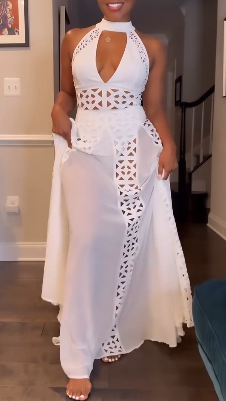 Ladies' Neck Hanging Printed Hollow Splicing Elegant Evening Dress