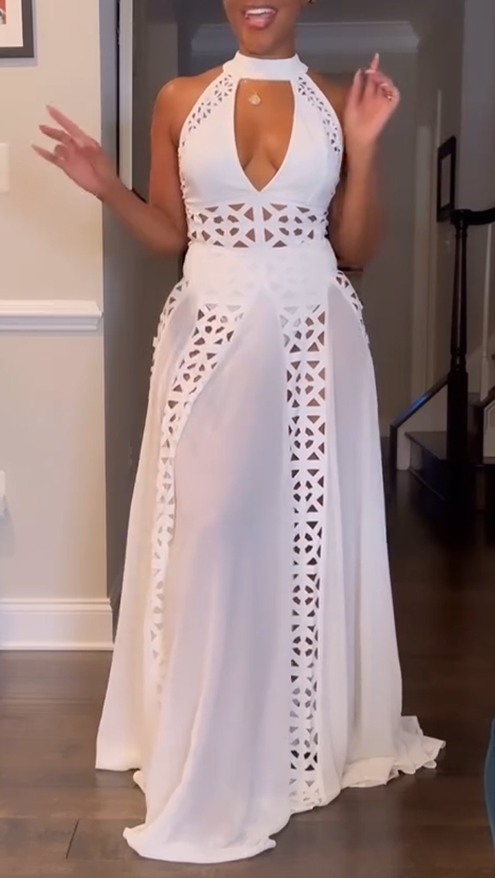 Ladies' Neck Hanging Printed Hollow Splicing Elegant Evening Dress