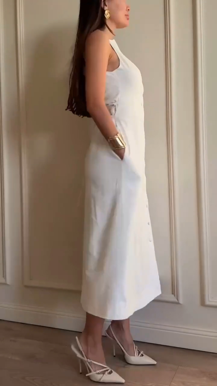 Ladies' Round Neck Breasted Solid Color Elegant Dress