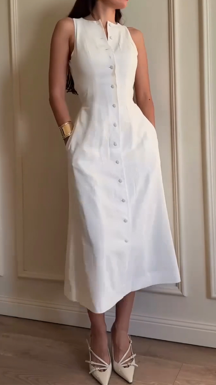 Ladies' Round Neck Breasted Solid Color Elegant Dress