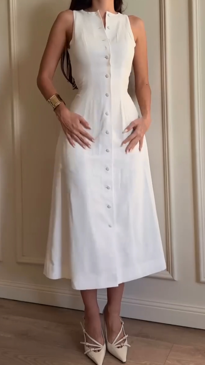 Ladies' Round Neck Breasted Solid Color Elegant Dress