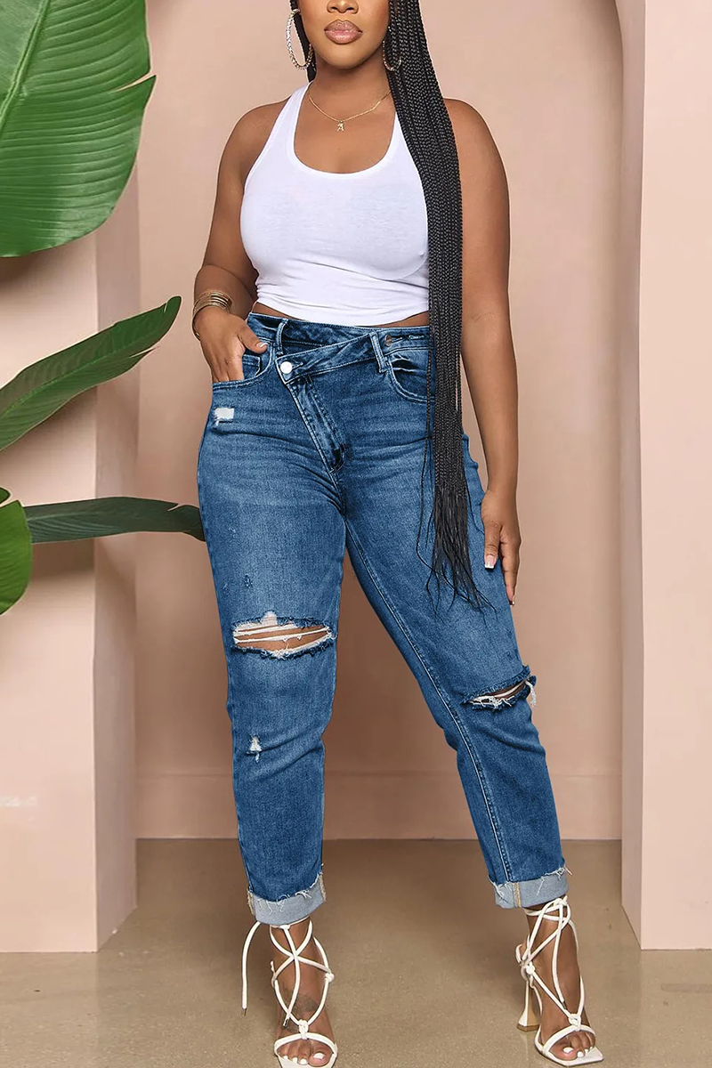 Ladies' Washed Water Ripped Casual Jeans