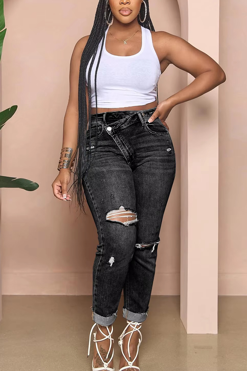 Ladies' Washed Water Ripped Casual Jeans