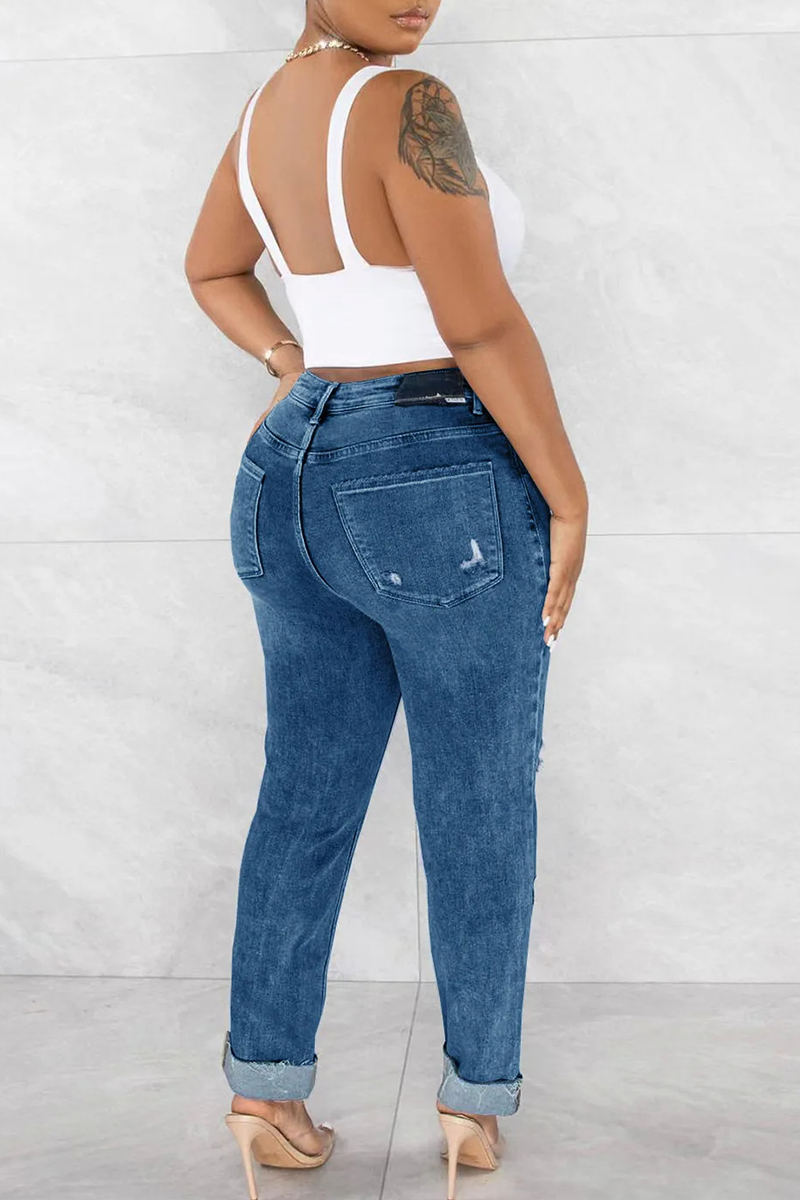 Ladies' Washed Water Ripped Casual Jeans