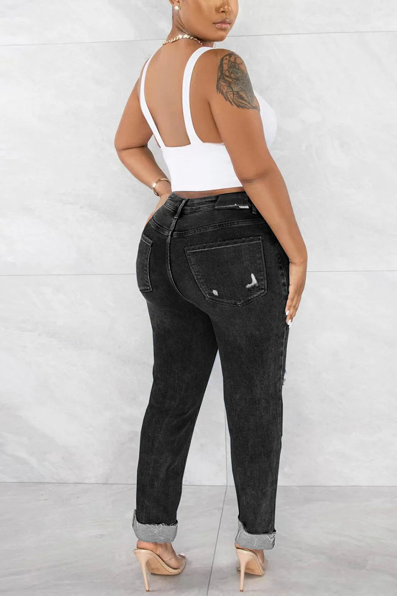 Ladies' Washed Water Ripped Casual Jeans