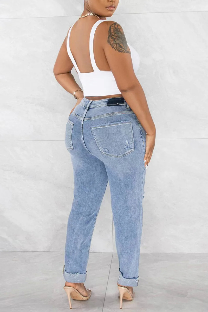 Ladies' Washed Water Ripped Casual Jeans