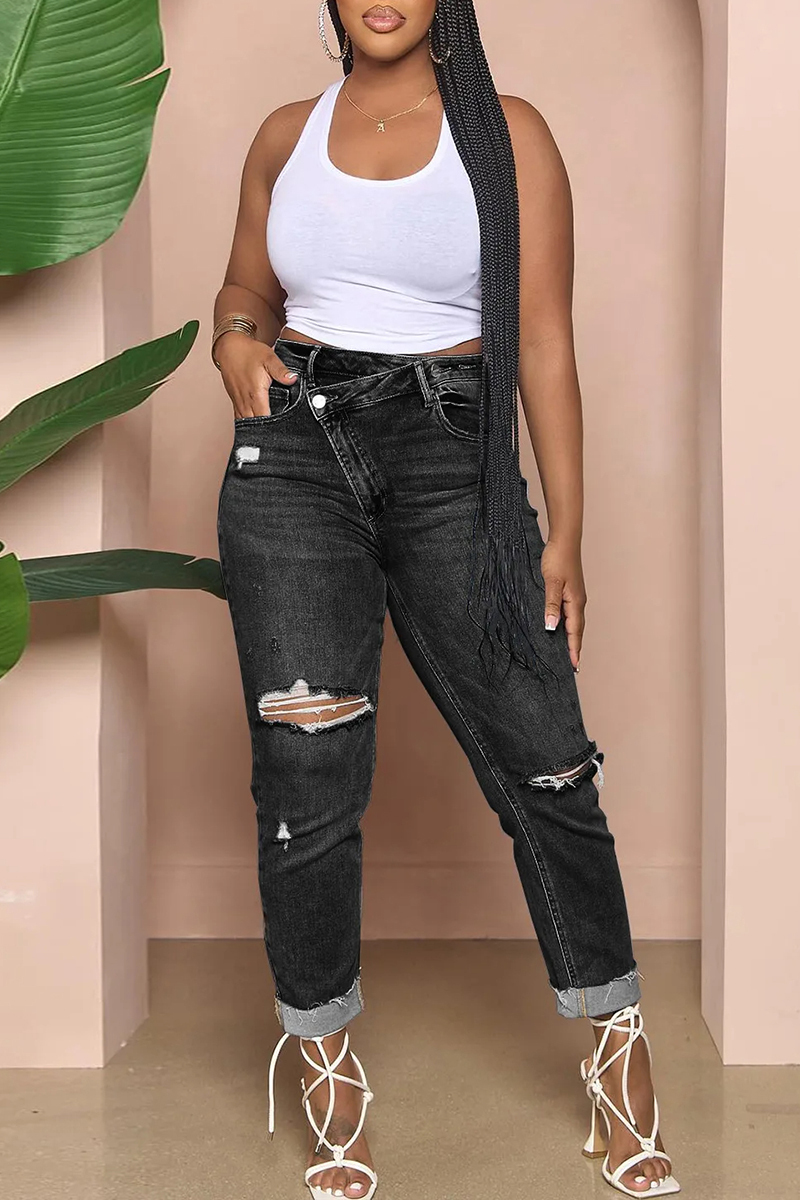 Ladies' Washed Water Ripped Casual Jeans