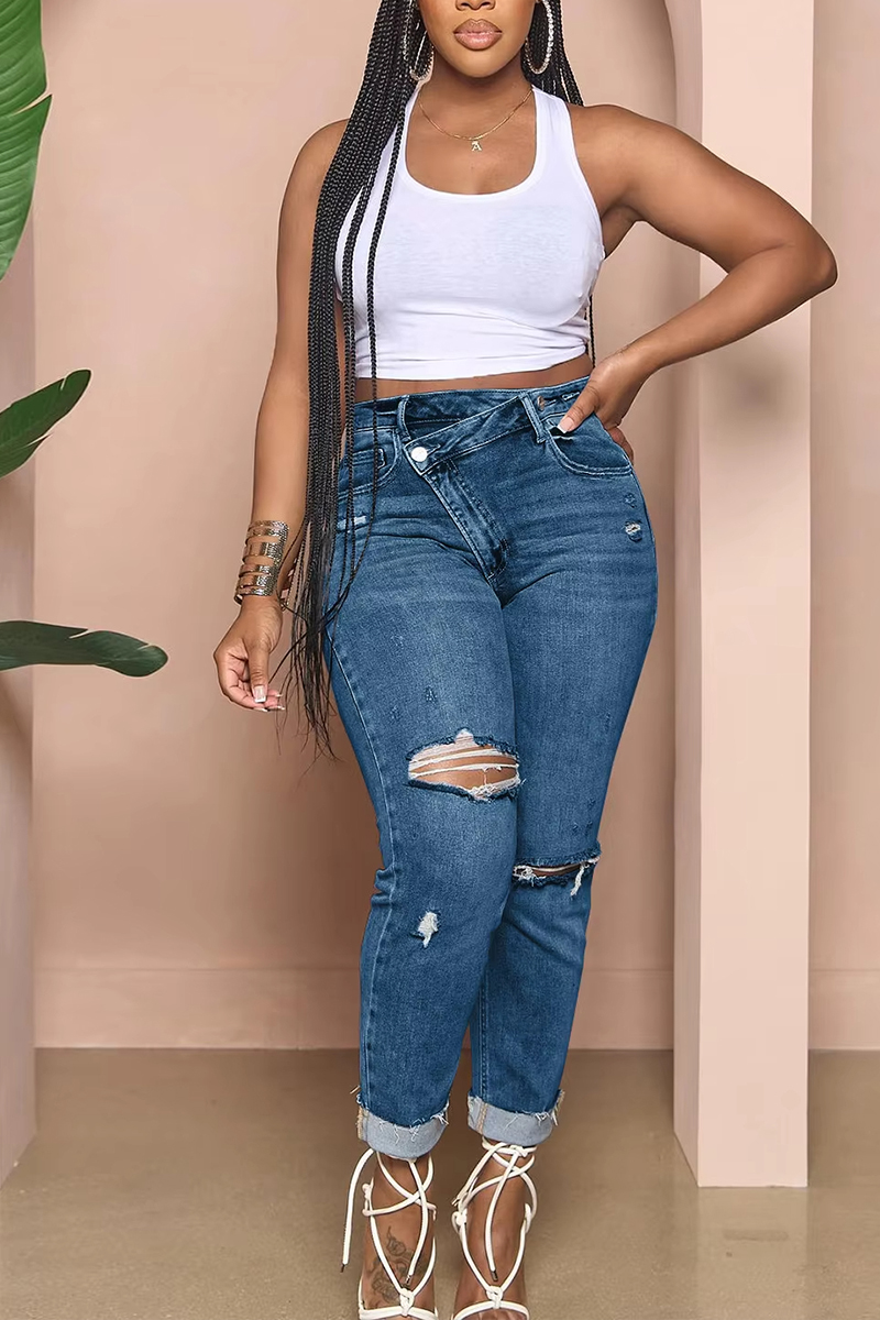 Ladies' Washed Water Ripped Casual Jeans