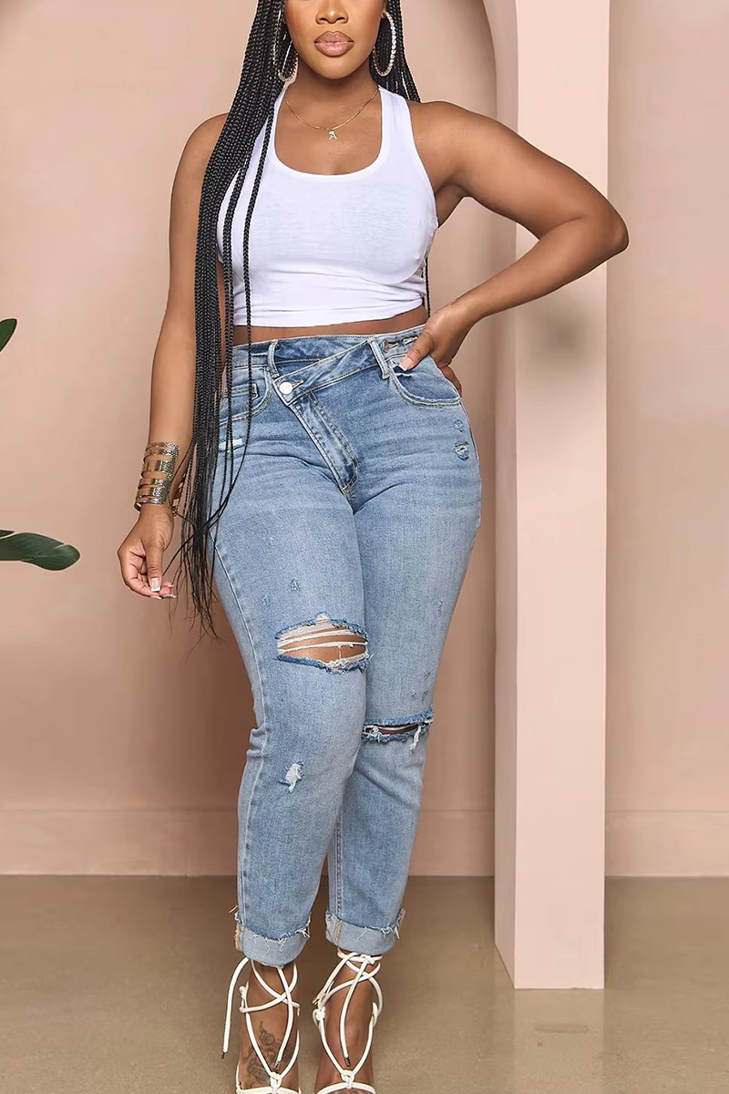 Ladies' Washed Water Ripped Casual Jeans