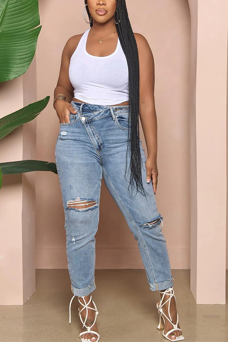Ladies' Washed Water Ripped Casual Jeans