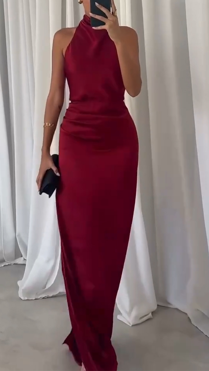 Ladies' Neck Strap Hollow Out Solid Color Elegant Evening Dress