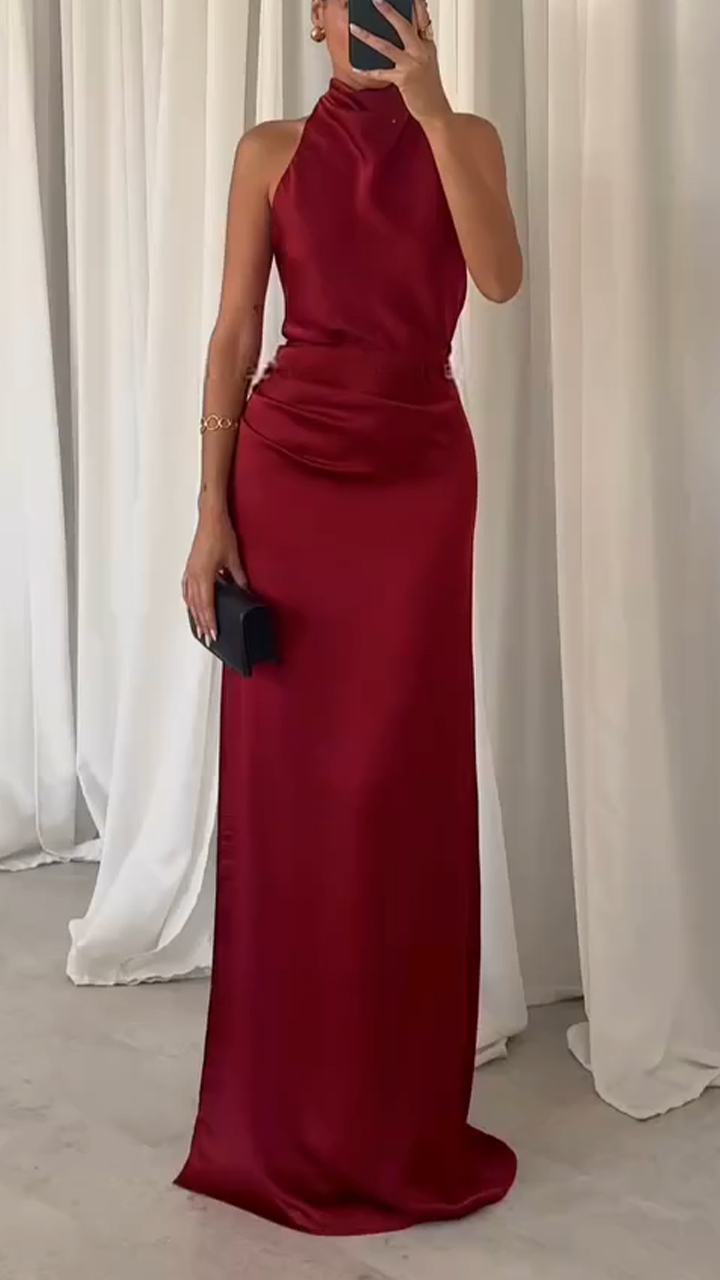 Ladies' Neck Strap Hollow Out Solid Color Elegant Evening Dress