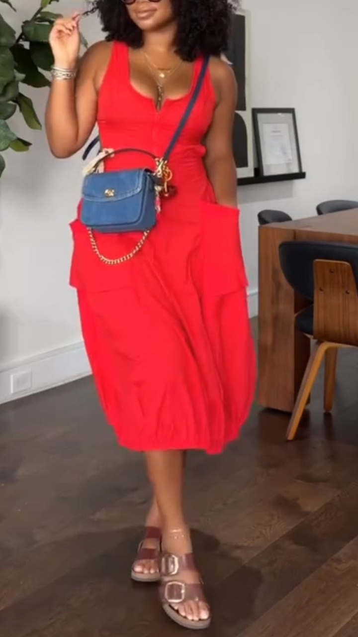 Ladies' Square Collar Sling, Loose and Casual Dress