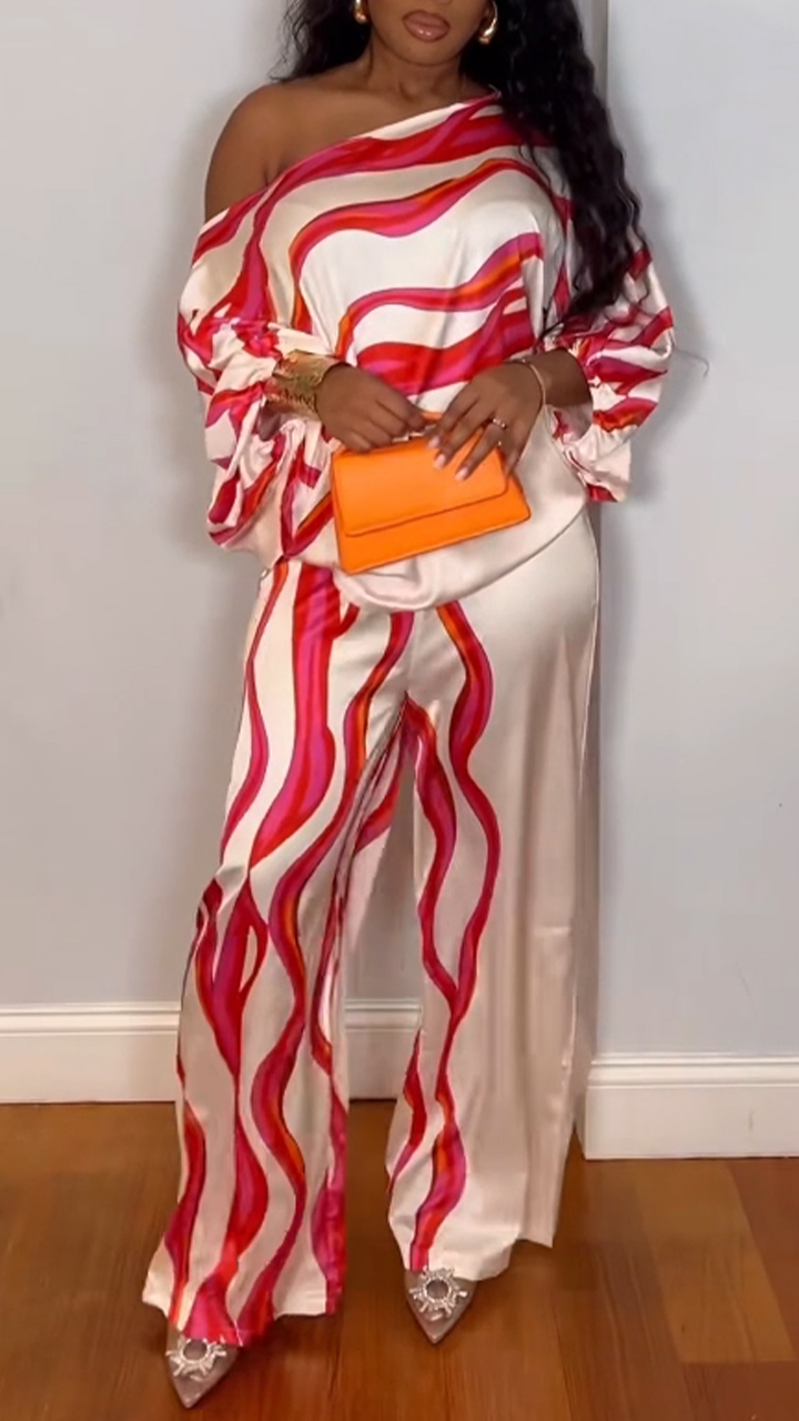 Ladies' Diagonal Collar Corrugated Top+pants Casual Loose Suit