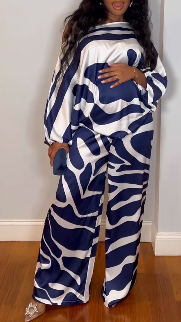 Ladies' Diagonal Collar Corrugated Top+pants Casual Loose Suit