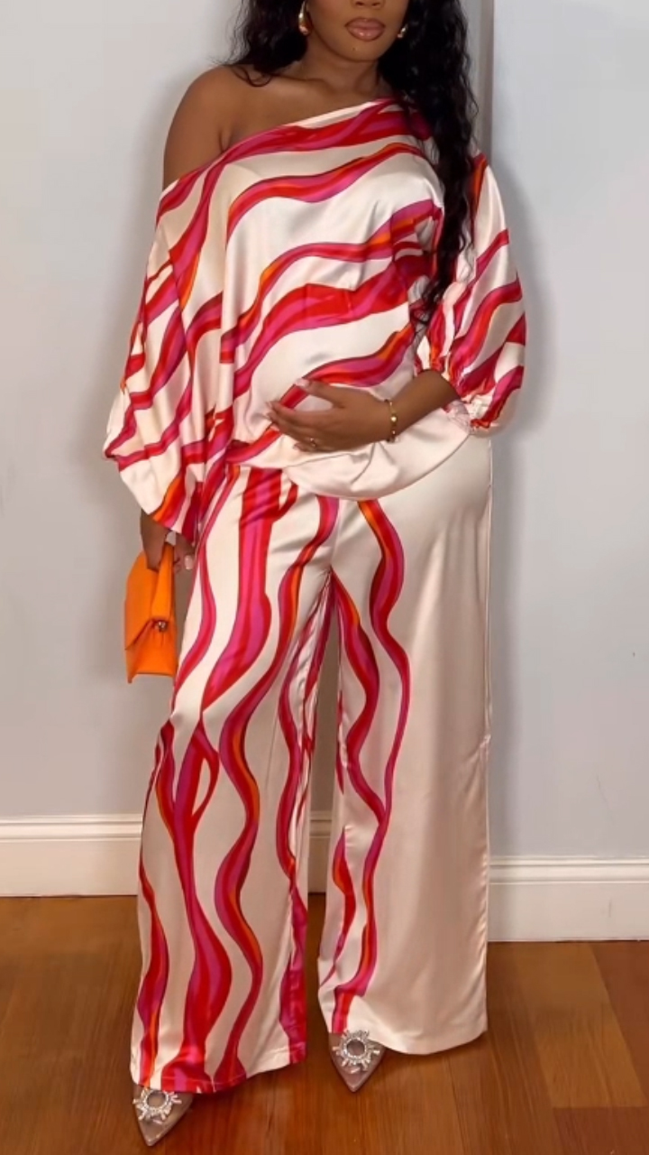 Ladies' Diagonal Collar Corrugated Top+pants Casual Loose Suit