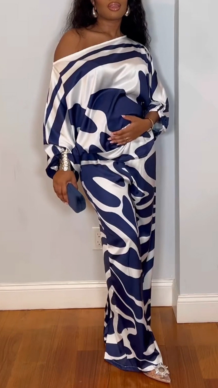 Ladies' Diagonal Collar Corrugated Top+pants Casual Loose Suit