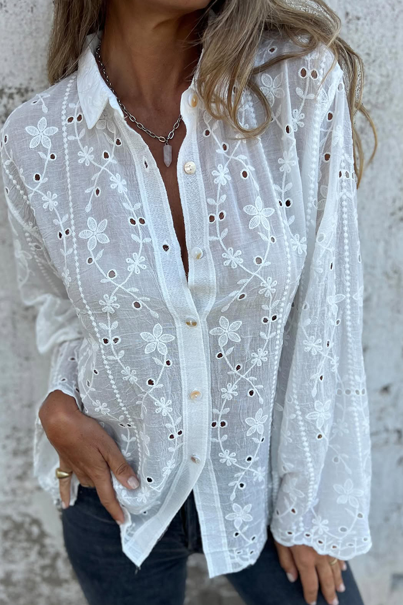 Ladies' Collar Printed Hollow Out Casual Tops