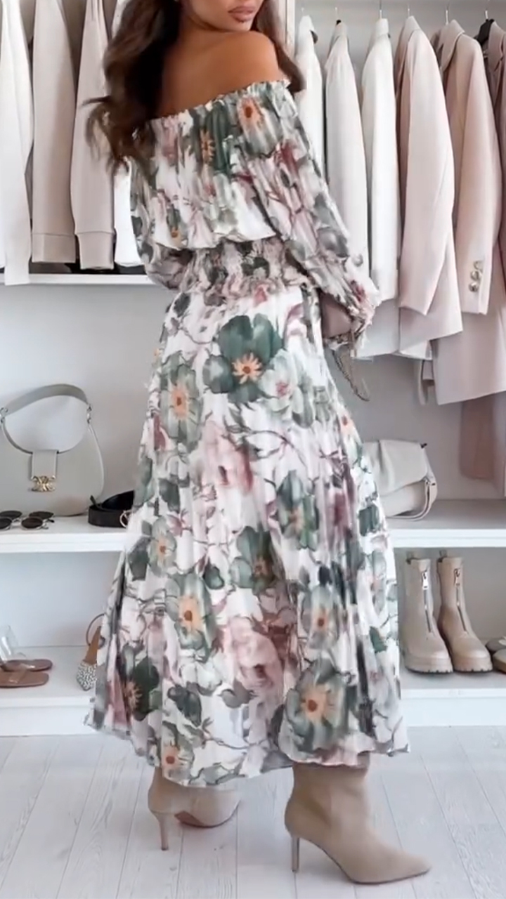 Ladies' One Collar Printed Top+skirt Casual Set