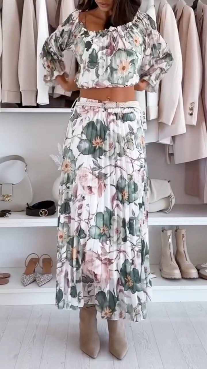 Ladies' One Collar Printed Top+skirt Casual Set