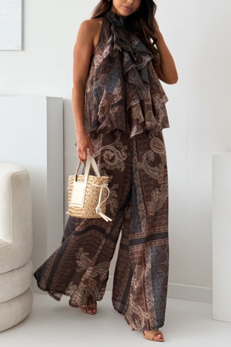 Women's Neck - Hanging Printed Irregular Top + Pants Loose Temperament Set 🌿 Effortless Boho - Chic for Sunny Days!