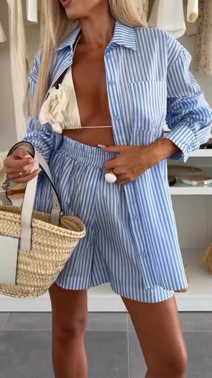 Ladies' Collar Vertical Stripe Top+shorts Casual Set