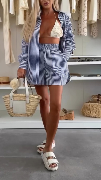 Ladies' Collar Vertical Stripe Top+shorts Casual Set