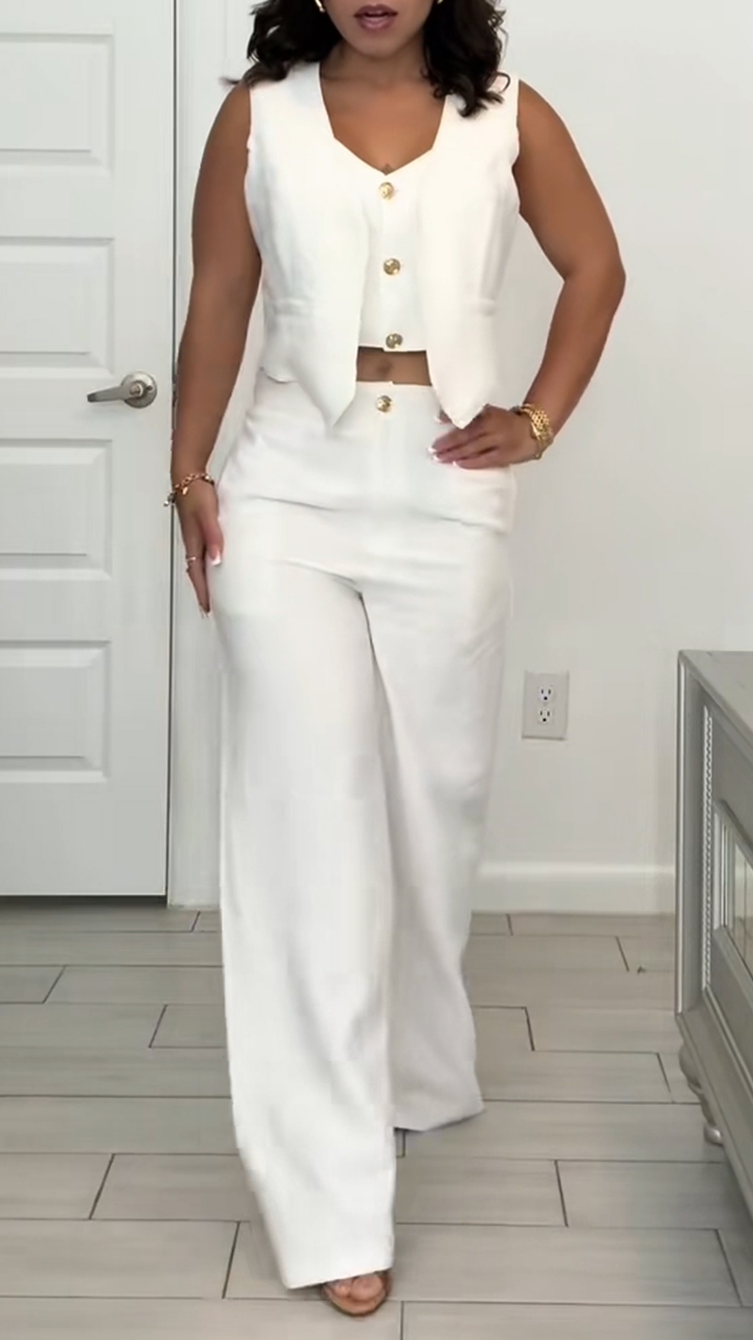 Ladies' Round Neck Fake Two-piece Top+ Pants Casual Temperament Set