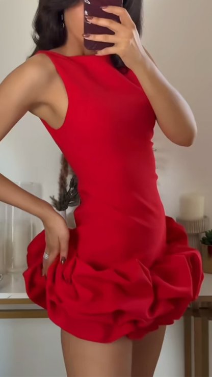 Ladies' Round Neck Patchwork Pleated Hem Elegant Evening Dress