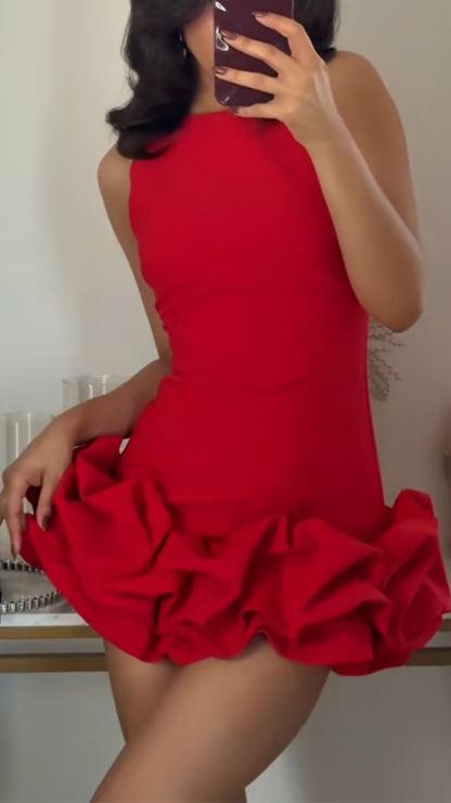 Ladies' Round Neck Patchwork Pleated Hem Elegant Evening Dress