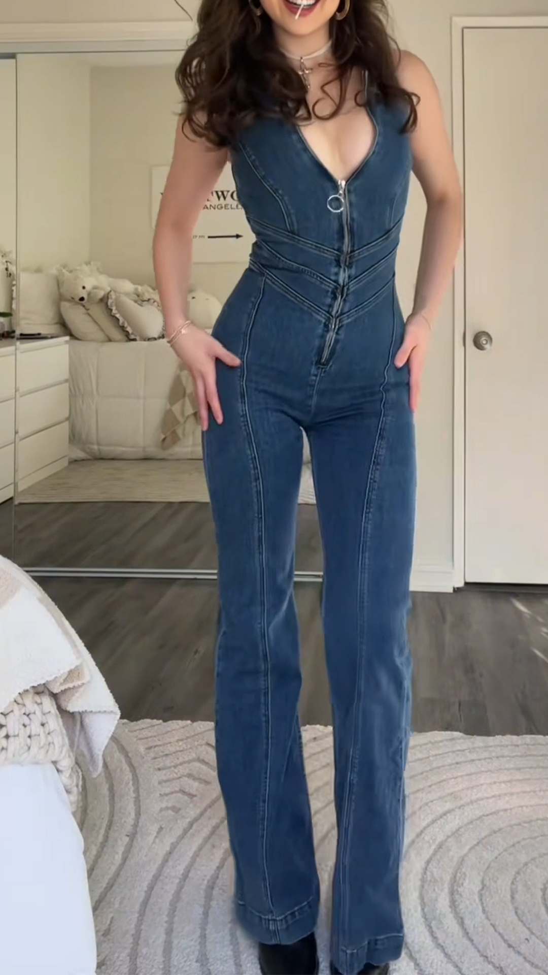 Women's V-neck Zipper Splicing Slim Casual Jumpsuit