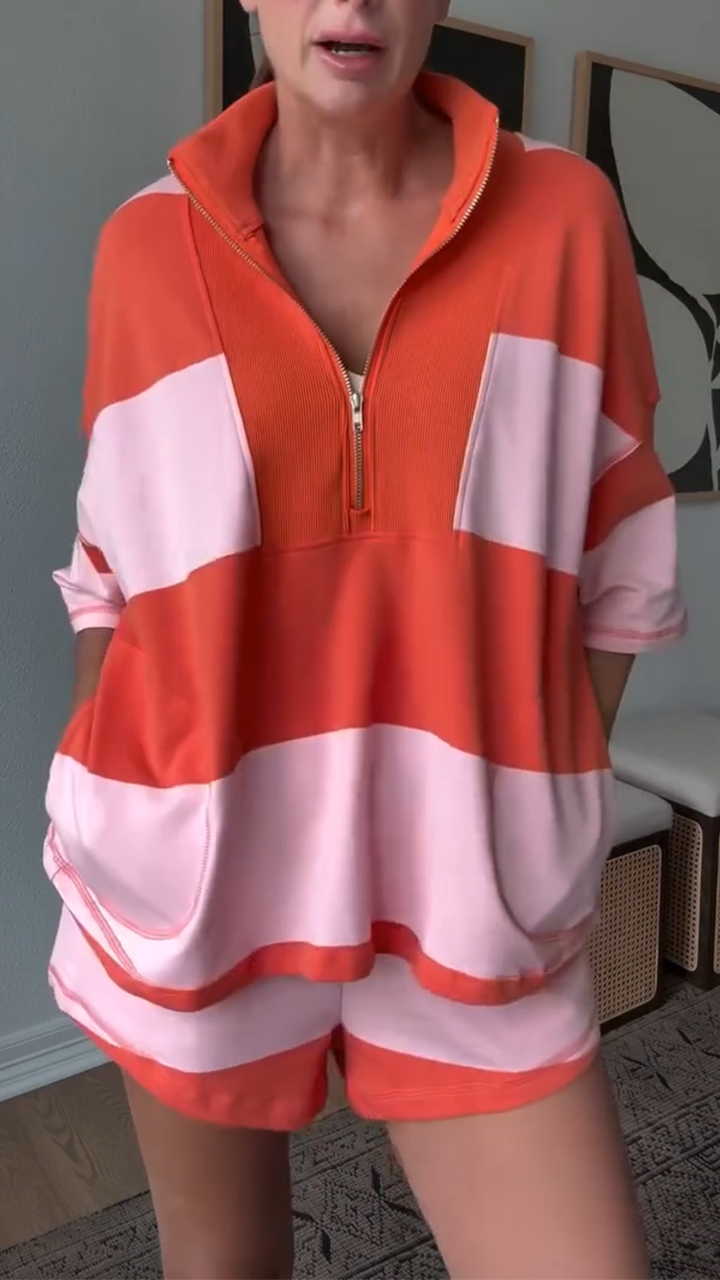 Ladies' Collar Splicing Color Contrasting Casual Set