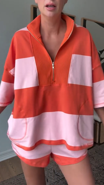 Ladies' Collar Splicing Color Contrasting Casual Set