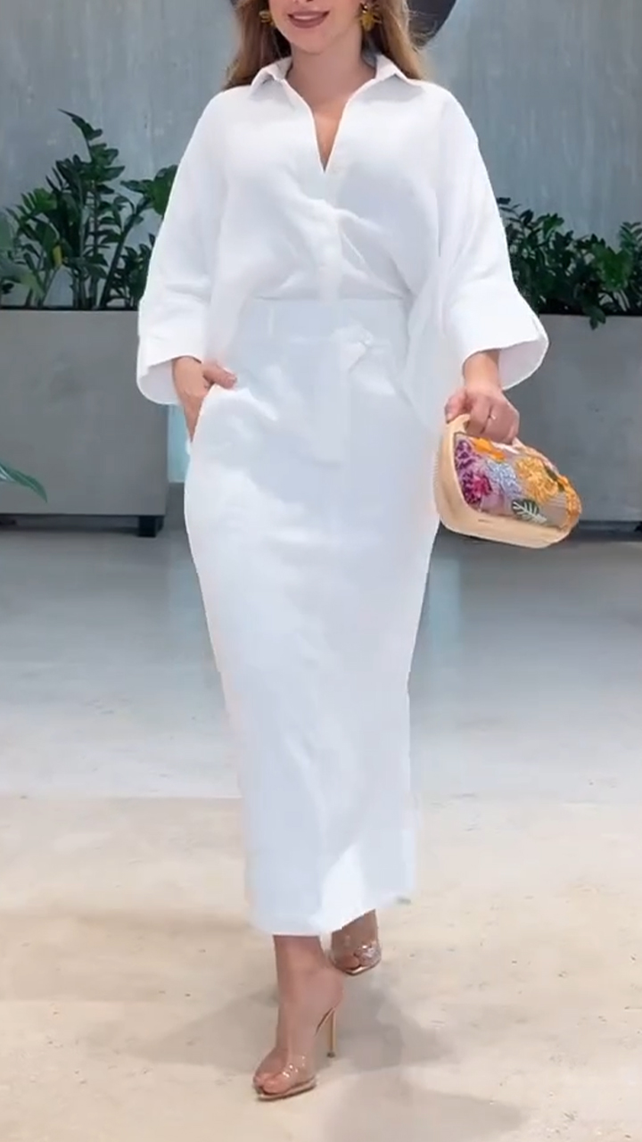 Ladies' Collar Solid Color Shirt+ Skirt Temperament Commuting Set