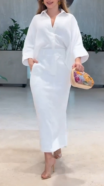 Ladies' Collar Solid Color Shirt+ Skirt Temperament Commuting Set