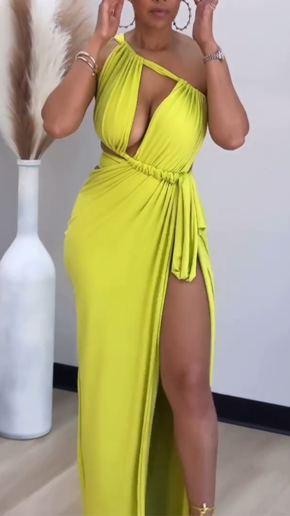 Ladies' One Shoulder Hollow Slit Strap Sexy Temperament Dress