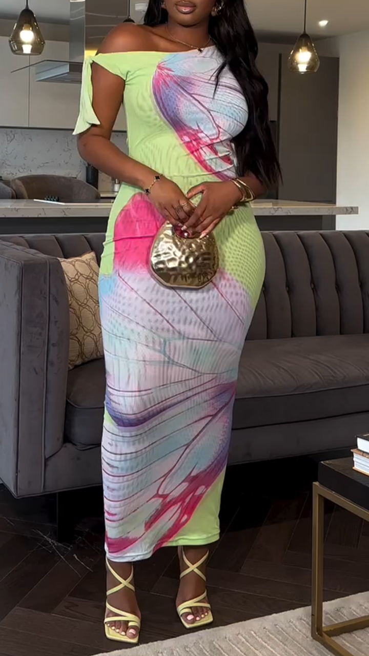 Ladies' Slanted Collar Printed Slim and Casual Temperament Dress