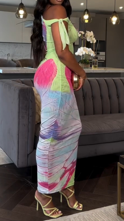 Ladies' Slanted Collar Printed Slim and Casual Temperament Dress