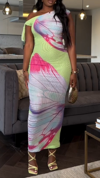 Ladies' Slanted Collar Printed Slim and Casual Temperament Dress