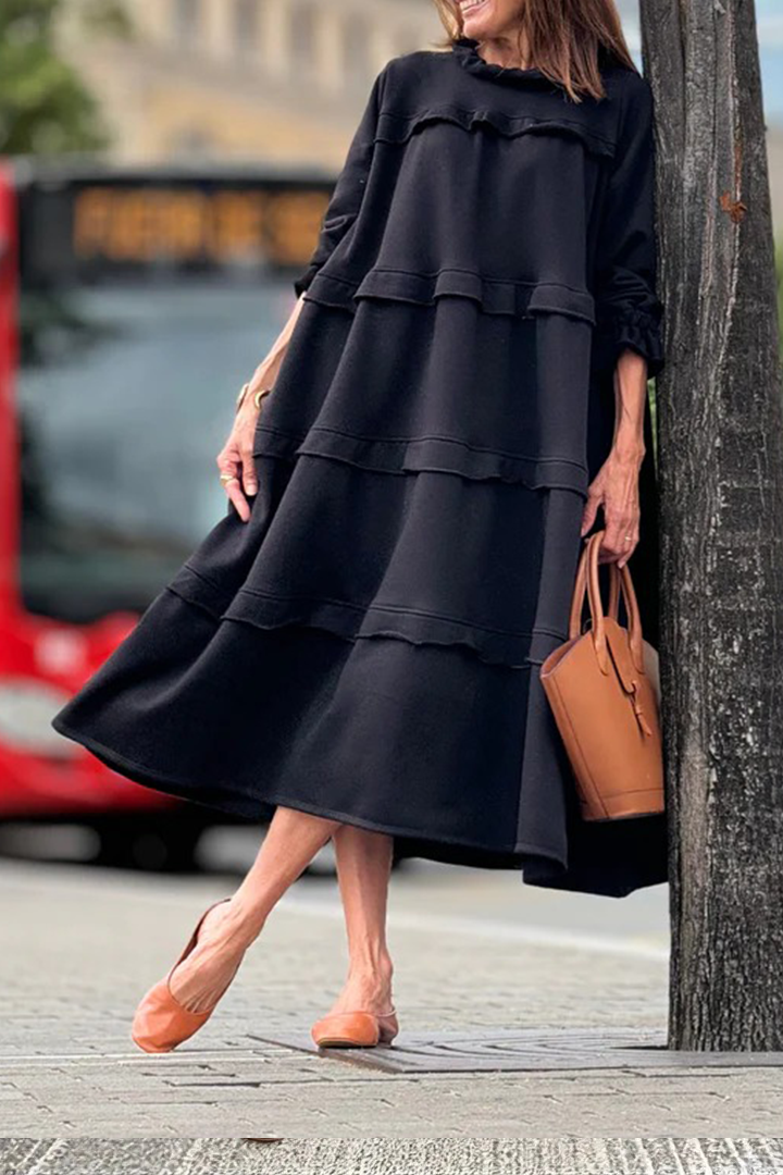 Ladies' Round Neck Solid Color Splicing Casual Loose Fit Dress