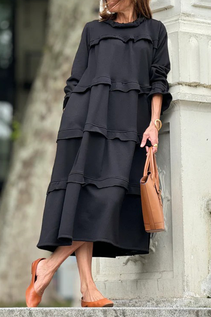 Ladies' Round Neck Solid Color Splicing Casual Loose Fit Dress