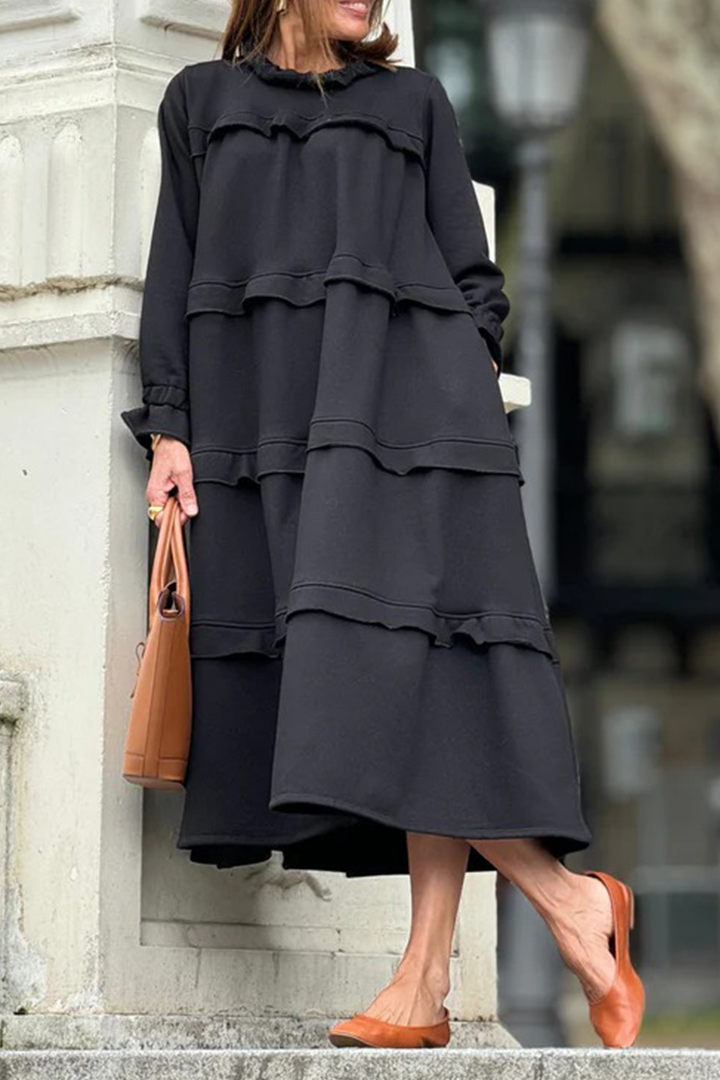 Ladies' Round Neck Solid Color Splicing Casual Loose Fit Dress