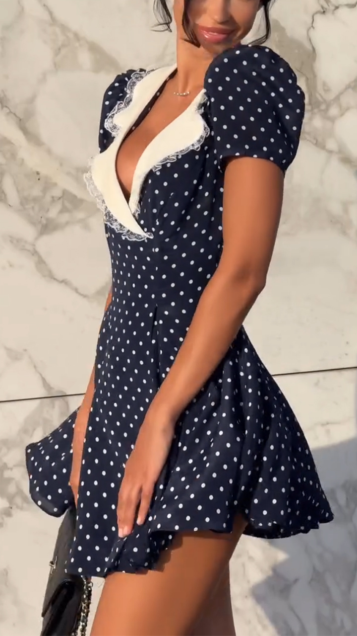 Ladies' Lapel Wave Dot Printing Casual Dress