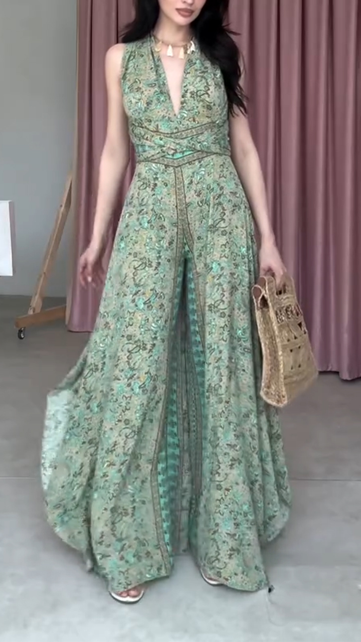 Ladies' V-neck Printed Hollow Strap with Casual Temperament Jumpsuits