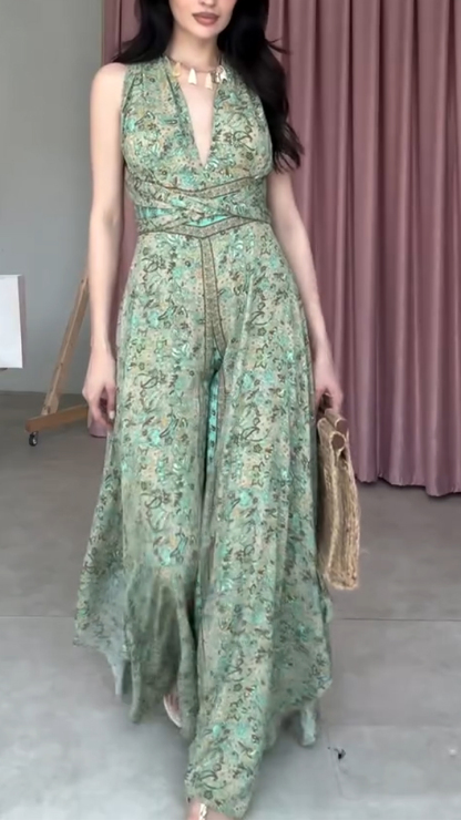 Ladies' V-neck Printed Hollow Strap with Casual Temperament Jumpsuits