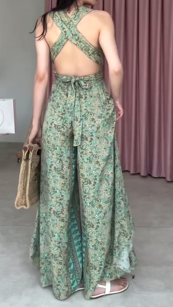 Ladies' V-neck Printed Hollow Strap with Casual Temperament Jumpsuits