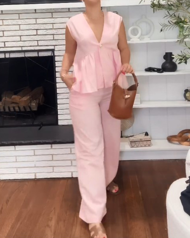 Ladies' V-neck Patchwork Top+ Pants Casual Suit